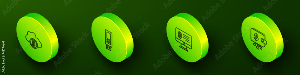 Poster set isometric line cryptocurrency cloud mining, usb flash drive, mining bitcoin from monitor and wal