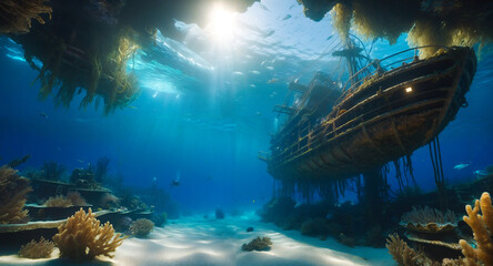 AI generated underwater scene with very shipwrecks