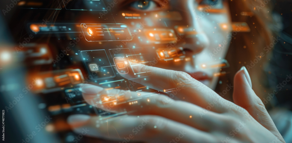 Aufkleber close-up hand, user engagement in digital business application, communication via chat. generative a