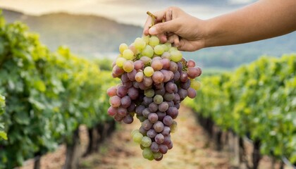Holding a bunch of grapes in vineyard, wine production