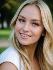 Naklejka premium Portrait of a blonde girl. A girl smiles in the park. Amazing smile.
