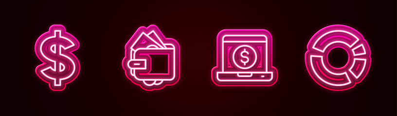 Set line Dollar symbol, Wallet with money, Laptop dollar and Pie chart infographic. Glowing neon icon. Vector