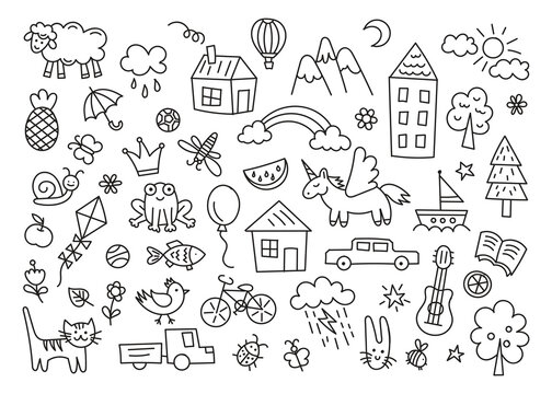 Set of kid doodle. Sun in the clouds, summer flowers and trees, painted houses, cute cat and other black white elements. Vector illustration on white background.