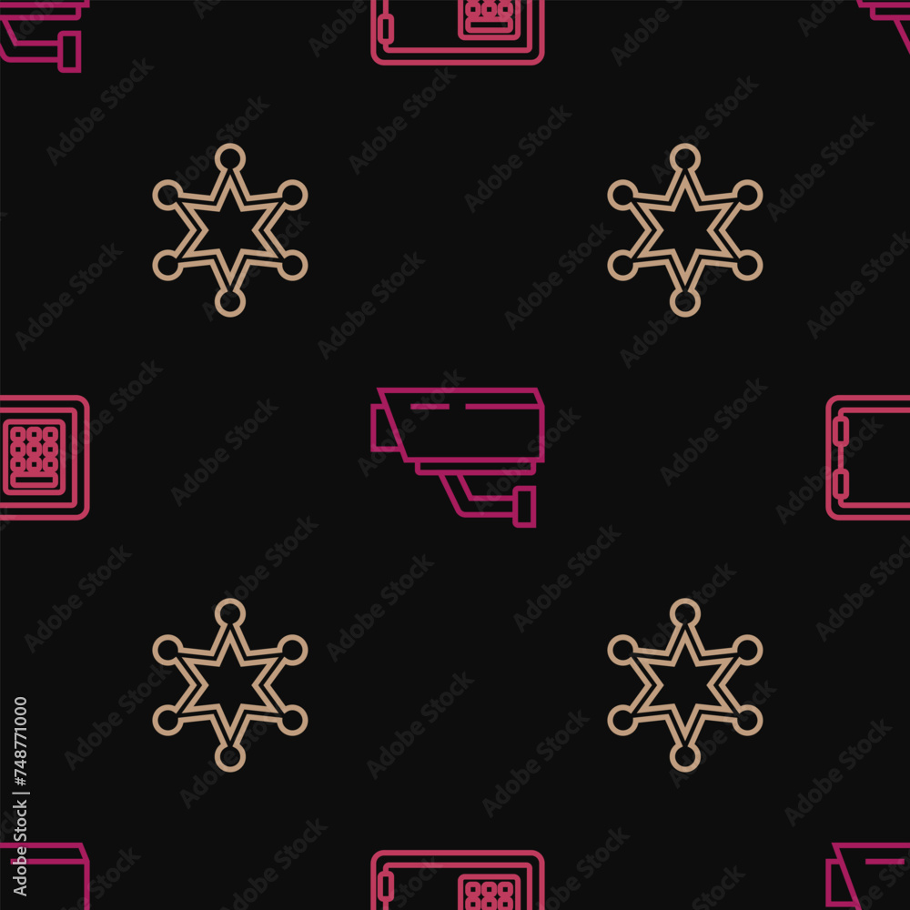 Poster set line safe, hexagram sheriff and security camera on seamless pattern. vector