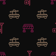 Set line Road traffic signpost, Draisine or handcar and barrier on seamless pattern. Vector