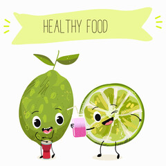Cute  cartoon lime fruit characters with different activities. Flat vector illustration, funny fruits. Organic food.