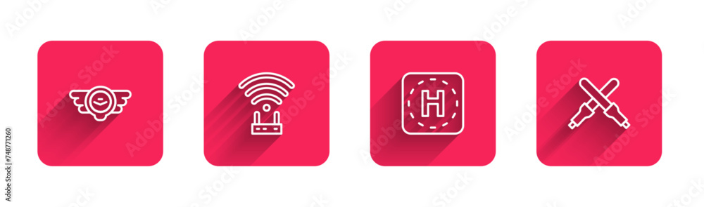 Poster set line aviation emblem, router and wi-fi signal, helicopter landing pad and marshalling wands with