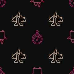 Set line Trolley for food, Jet fighter and Barometer on seamless pattern. Vector