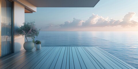 Serene balcony deck overlooks the vast ocean blending simplicity with natural beauty - obrazy, fototapety, plakaty