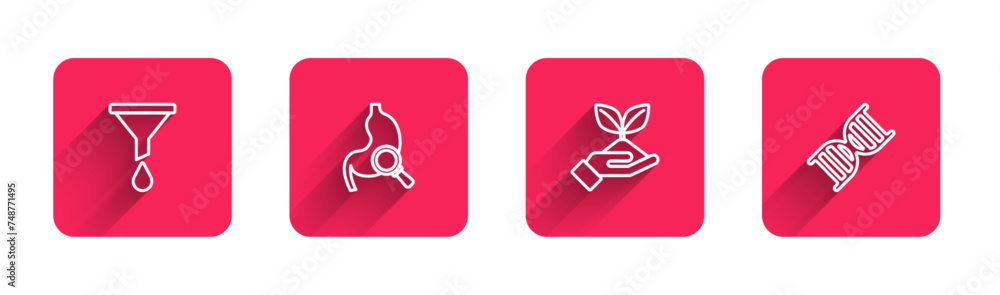 Poster set line funnel or filter, stomach with magnifying glass, plant hand and dna symbol with long shadow
