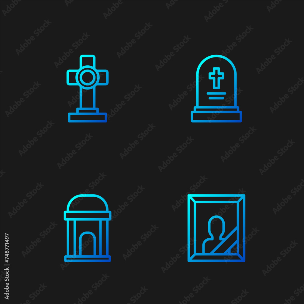 Sticker Set line Mourning photo frame, Old crypt, Grave with cross and tombstone. Gradient color icons. Vector