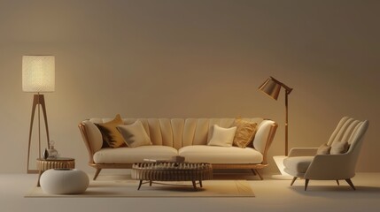 Contemporary living room furniture design, 3D render