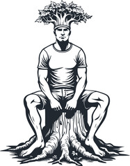 Man sitting on a tree stump, environmental protection concept, vector illustration - 748771454
