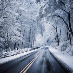 AI image of snow covered country road under snowy tree canopy.