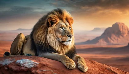 Tuinposter Majestic lion on the desert. © Edu