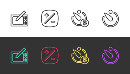 Set line Graphic tablet, Exposure compensation, Camera timer and on black and white. Vector