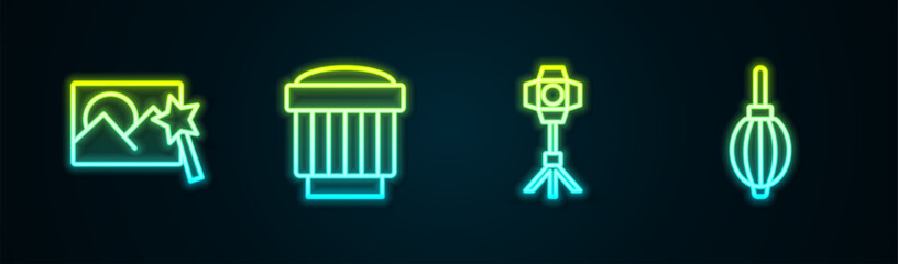 Set line Photo retouching, Camera photo lens, Softbox light and Dust blower. Glowing neon icon. Vector