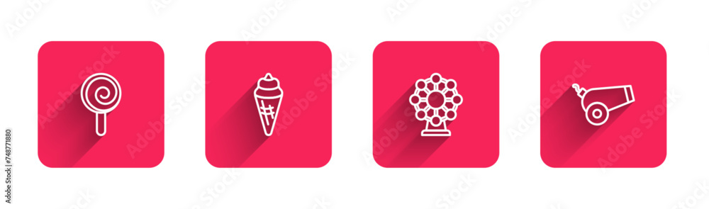 Poster set line lollipop, ice cream in waffle cone, ferris wheel and cannon with long shadow. red square bu