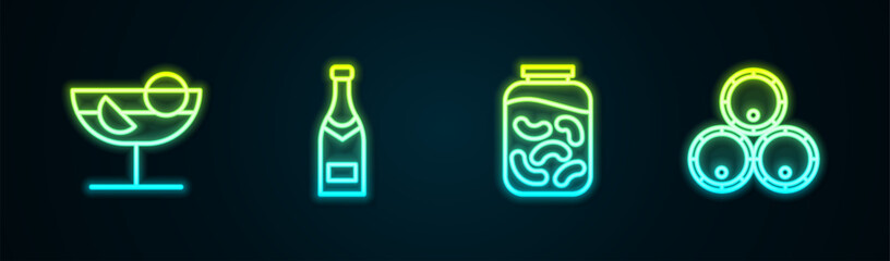 Set line Cocktail, Champagne bottle, Pickled cucumbers in jar and Wooden barrels. Glowing neon icon. Vector