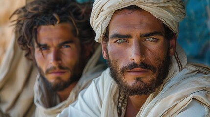 moroccan men, they are wearing light white tunics - obrazy, fototapety, plakaty