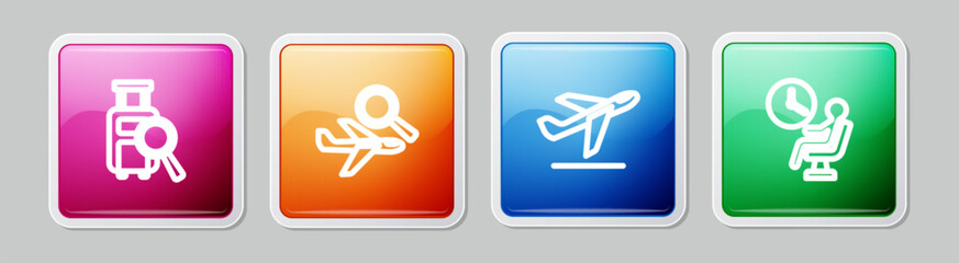 Set line Lost baggage, Airplane search, Plane takeoff and Human waiting in airport terminal. Colorful square button. Vector