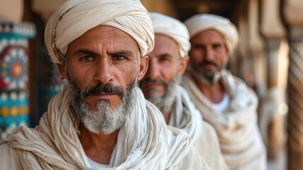 moroccan men, they are wearing light white tunics - obrazy, fototapety, plakaty