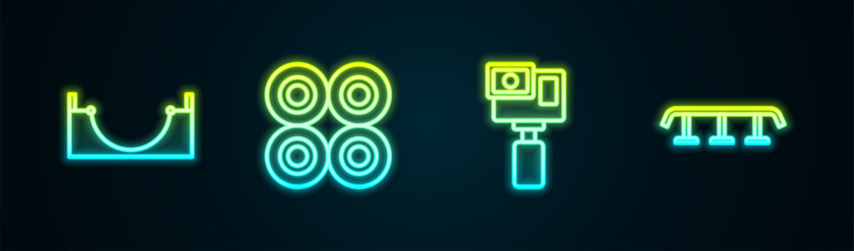 Set line Skate park, Skateboard wheel, Action camera and stairs with rail. Glowing neon icon. Vector