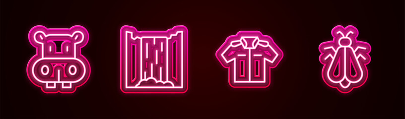 Set line Hippo or Hippopotamus, Waterfall, Shirt and Mosquito. Glowing neon icon. Vector