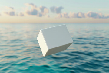 3D render of a minimalist white package mockup, floating over a serene, blurred oceanic backdrop for calm appeal