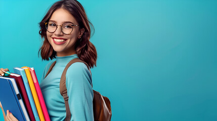 banner put on knowledge, smiling schoolgirl  holding textbooks on a blue background close-up with space for text - obrazy, fototapety, plakaty