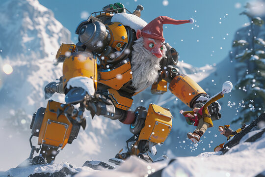 3D render of a gnome on a robot, engaging in a snowball fight