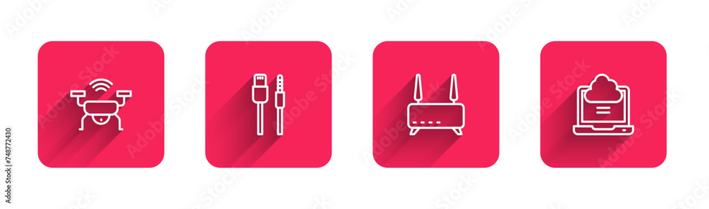 Poster set line smart drone system, usb cable cord, router and wi-fi signal and network cloud connection wi