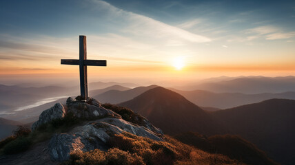 The cross stands on the top of the mountain. - obrazy, fototapety, plakaty