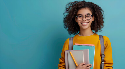 banner put on knowledge, smiling schoolgirl  holding textbooks on a blue background close-up with space for text