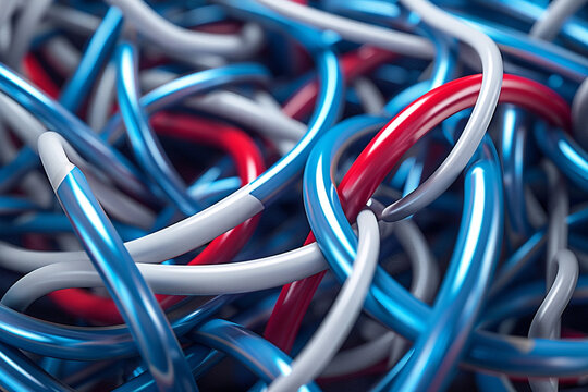 3D render of a tangle of blue, red, and white metallic cables, with a soft glow for a mysterious ambiance