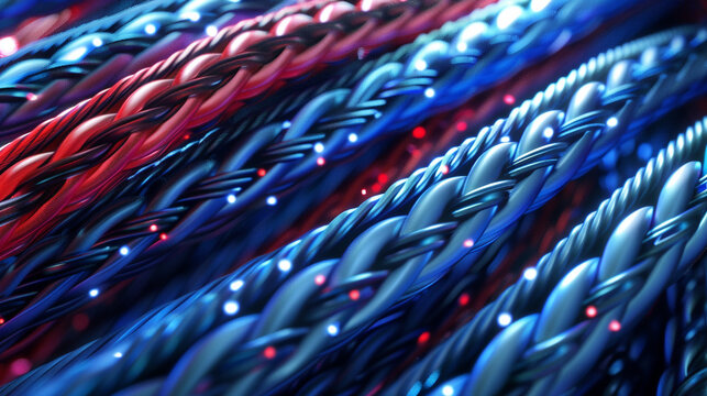 3D render of reflective blue, red, and white metallic cables, with a spotlight highlighting their texture
