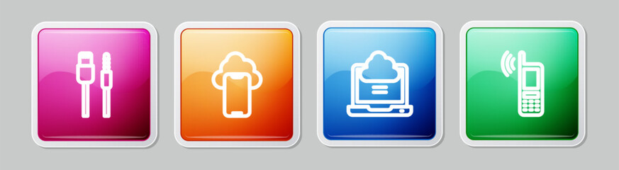 Set line USB cable cord, Cloud technology data, Network cloud connection and Mobile with wi-fi wireless. Colorful square button. Vector