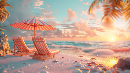 A beach scene with two lounge chairs and an umbrella