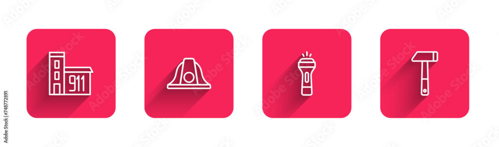 Poster set line building of fire station, firefighter helmet, flashlight and hammer with long shadow. red s