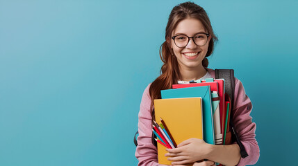 banner put on knowledge, smiling schoolgirl  holding textbooks on a blue background close-up with space for text - obrazy, fototapety, plakaty