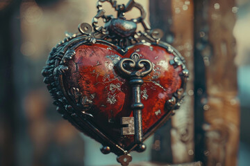 A heart, with a key embedded at its core, representing the journey to unlock ones truest feelings and desires - obrazy, fototapety, plakaty