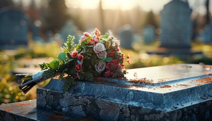 The Tender Touch of a Bouquet on a Grave at the Cemetery - obrazy, fototapety, plakaty
