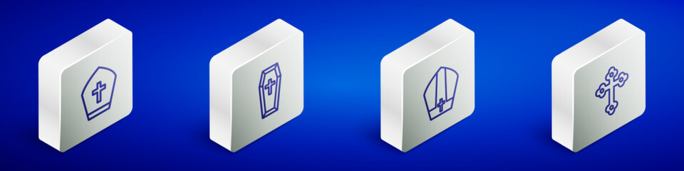 Set Isometric line Pope hat, Coffin, and Christian cross icon. Vector