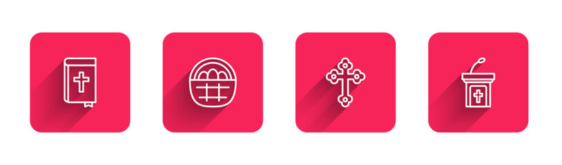 Set line Holy bible book, Basket with easter eggs, Christian cross and Church sermon tribune with long shadow. Red square button. Vector