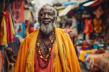 A preacher in a lively street market, surrounded by vibrant stalls and intrigued locals, a fusion of culture and faith - obrazy, fototapety, plakaty