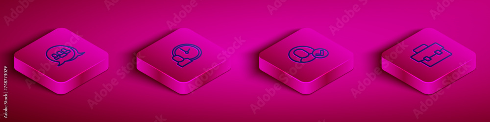 Poster set isometric line project team base, work time, worker and briefcase icon. vector