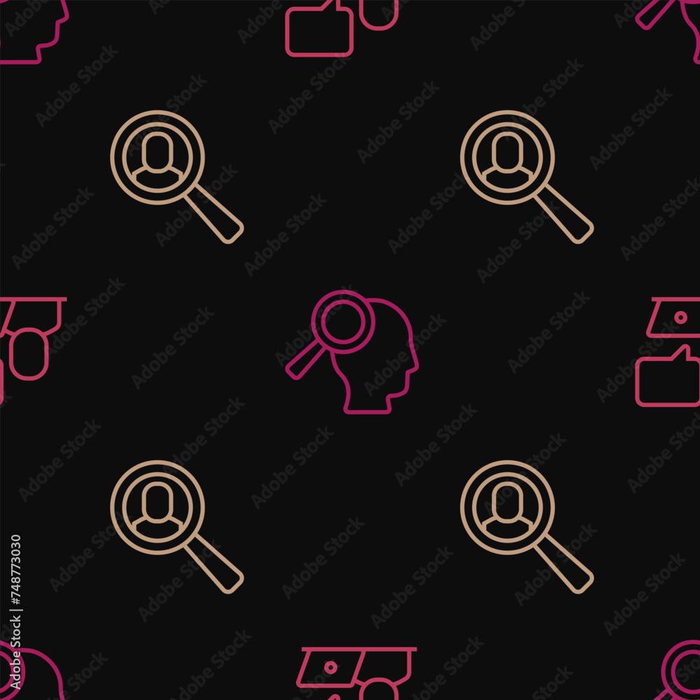Poster set line freelancer, magnifying glass for search job and on seamless pattern. vector