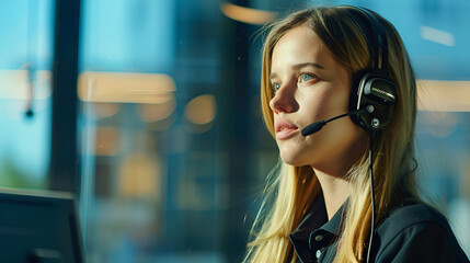 young blonde girl with a headset close-up with copy space