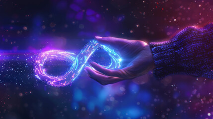Businessman Hands holding virtual infinity with technology marketing online icon, a symbol of connection to community metaverse world network system and Technology data link concept.