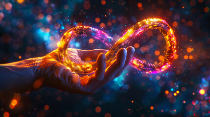 Businessman Hands holding virtual infinity with technology marketing online icon, a symbol of connection to community metaverse world network system and Technology data link concept.